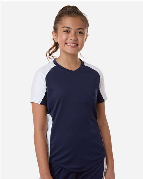 Augusta Sportswear 1523 Girls' Cutter Jersey - Navy/ White - model front