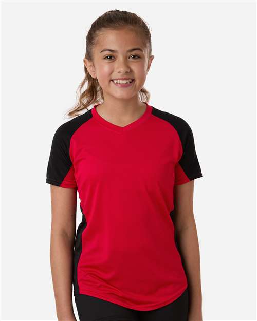 Augusta Sportswear 1523 Girls' Cutter Jersey - Red/ Black - model front