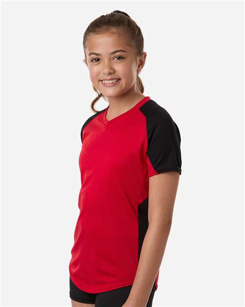 Augusta Sportswear 1523 Girls' Cutter Jersey - Red/ Black - model side