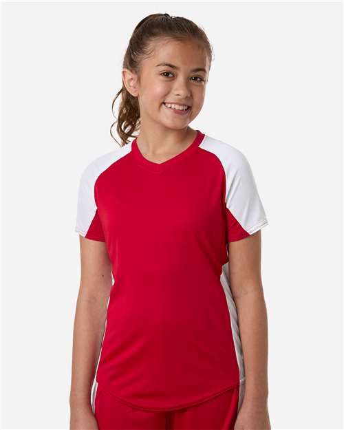 Augusta Sportswear 1523 Girls' Cutter Jersey - Red/ White - model front
