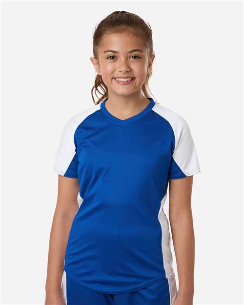 Augusta Sportswear 1523 Girls' Cutter Jersey - Royal/ White - model front