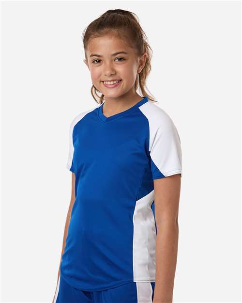 Augusta Sportswear 1523 Girls' Cutter Jersey - Royal/ White - model side
