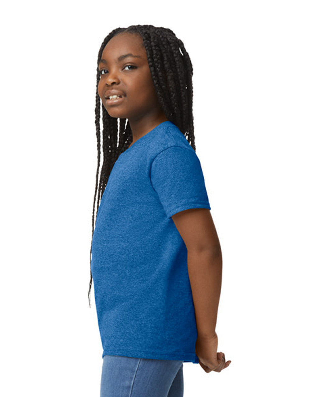 Gildan 8000B Youth DryBlend T-Shirt - Heather Deep Royal - model side