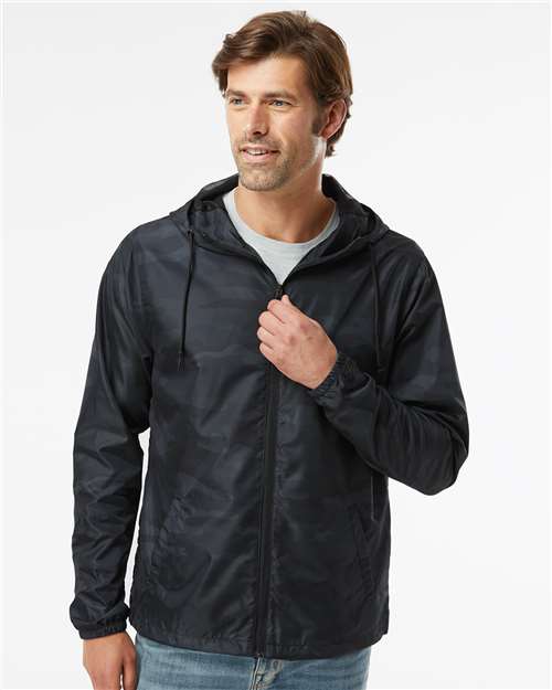 Independent Trading Co. EXP54LWZ Men's Lightweight Windbreaker Full-Zip Jacket - Black Camo - model front