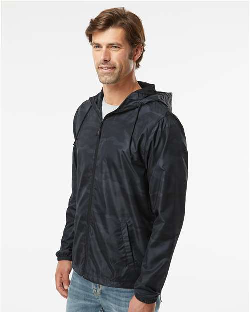 Independent Trading Co. EXP54LWZ Men's Lightweight Windbreaker Full-Zip Jacket - Black Camo - model side