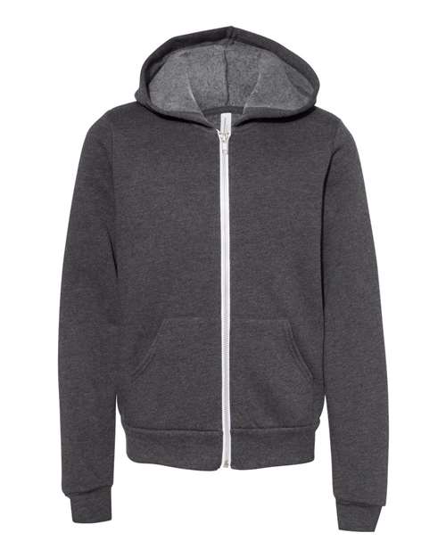 BELLA + CANVAS 3739Y Youth Sponge Fleece Full-Zip Hoodie Sweatshirt - Dark Grey Heather - front