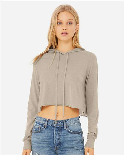 BELLA + CANVAS 8512 Women’s Triblend Crop Long Sleeve Hoodie Tee - Tan Triblend - model front