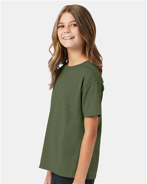 Hanes 5370 Youth EcoSmart T-Shirt - Heather Green - model side