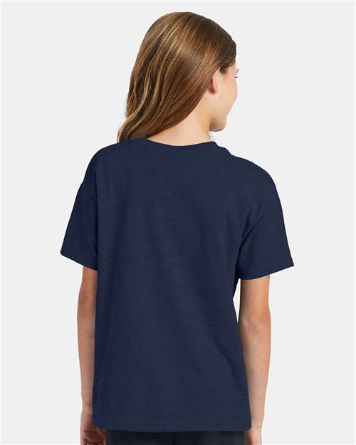 Hanes 5370 Youth EcoSmart T-Shirt - Heather Navy - model back