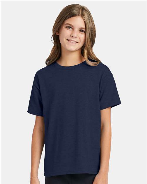 Hanes 5370 Youth EcoSmart T-Shirt - Heather Navy - model front