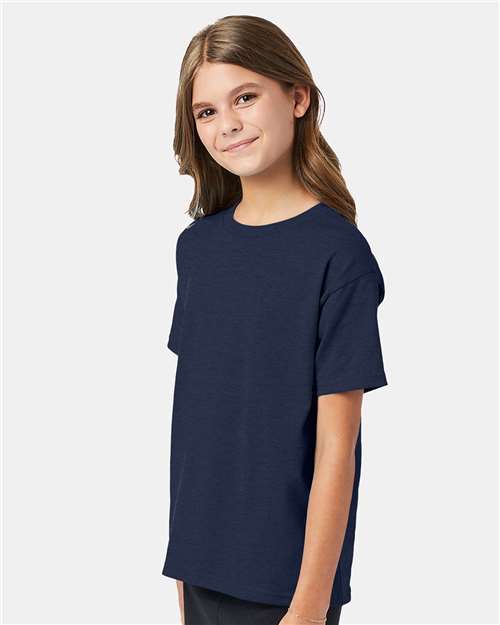 Hanes 5370 Youth EcoSmart T-Shirt - Heather Navy - model side