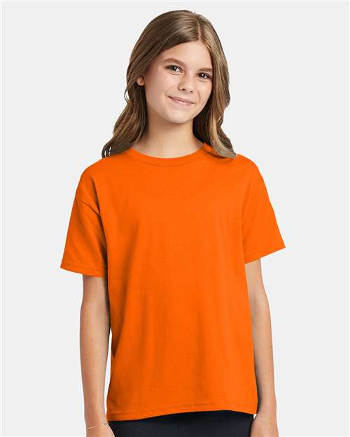Hanes 5370 Youth EcoSmart T-Shirt - Safety Orange - model front