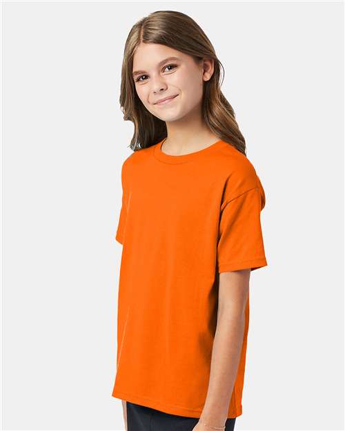 Hanes 5370 Youth EcoSmart T-Shirt - Safety Orange - model side