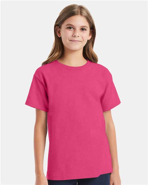 Hanes 5480 Youth Essential-T T-Shirt - Wow Pink - model front