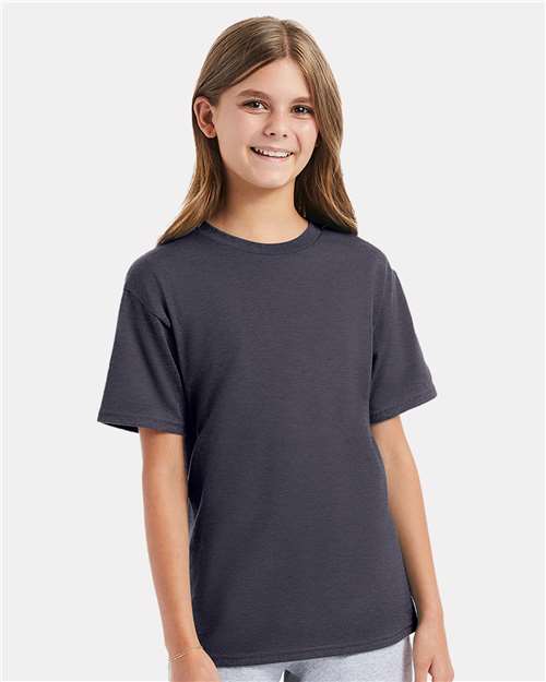 Hanes 498Y Youth Perfect-T T-Shirt - Charcoal Heather - model front
