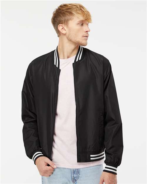 Independent Trading Co. EXP52BMR Unisex Lightweight Bomber Jacket - Black/ White Stripe - model front
