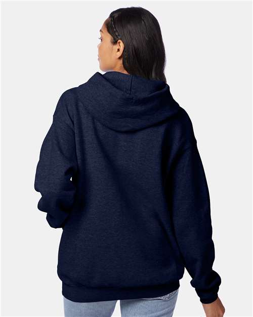 Hanes P170 EcoSmart Hooded Sweatshirt - Heather Navy - model back