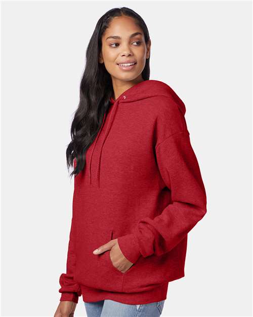 Hanes P170 EcoSmart Hooded Sweatshirt - Heather Red - model side