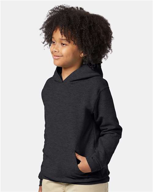 Hanes P473 Youth EcoSmart Hooded Sweatshirt - Charcoal Heather - model side