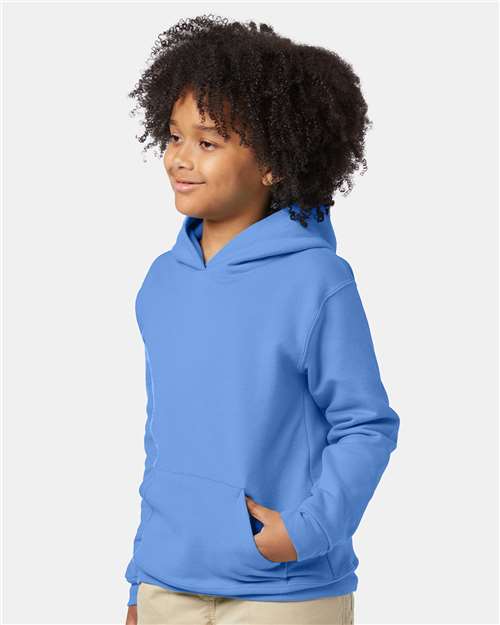 Hanes P473 Youth EcoSmart Hooded Sweatshirt - Carolina Blue - model side