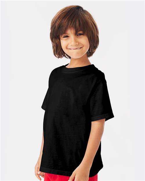 Hanes GDH175 Youth Garment-Dyed T-Shirt - Black - model side