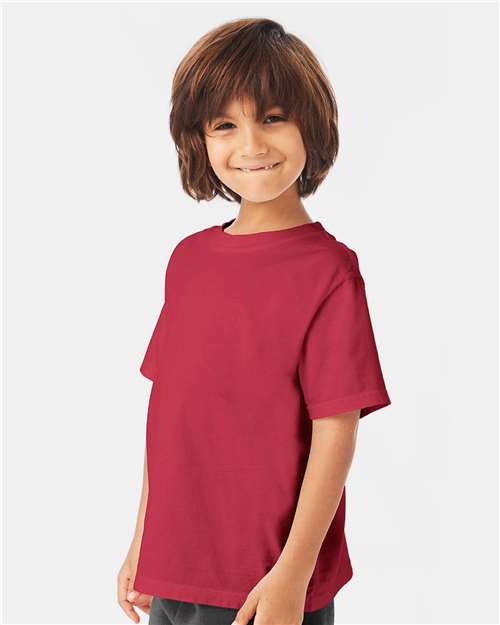 Hanes GDH175 Youth Garment-Dyed T-Shirt - Crimson Fall - model side