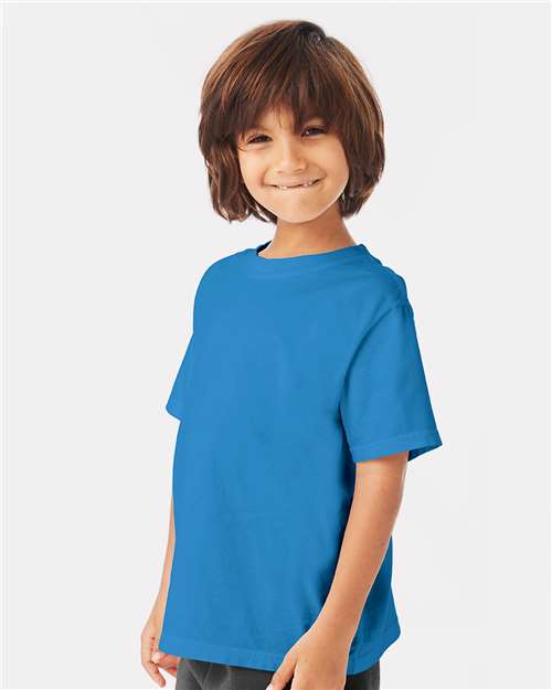 Hanes GDH175 Youth Garment-Dyed T-Shirt - Summer Sky Blue - model side