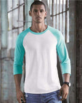 Jerzees 560RR Premium Blend Ringspun Three-Quarter Sleeve Raglan Baseball T-Shirt - White/ Scuba Blue - front