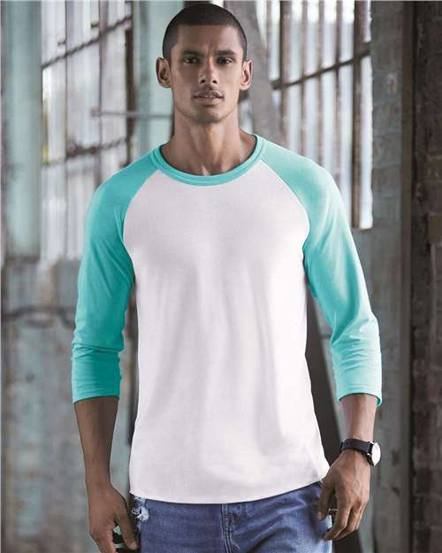 Jerzees 560RR Premium Blend Ringspun Three-Quarter Sleeve Raglan Baseball T-Shirt - White/ Scuba Blue - front