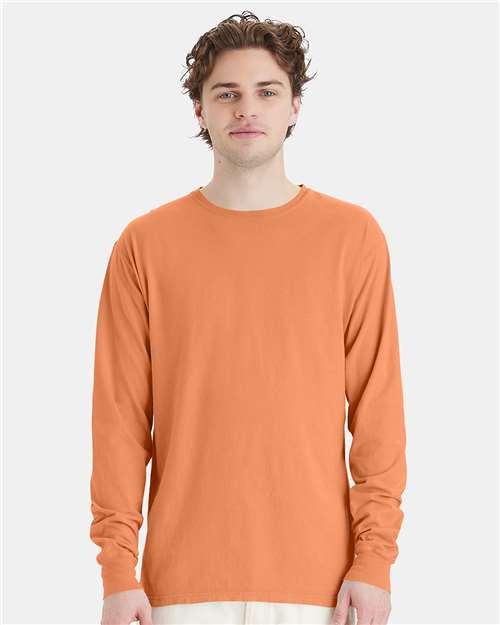 Hanes GDH200 Unisex Garment-Dyed Long Sleeve T-Shirt - Horizon Orange - model front