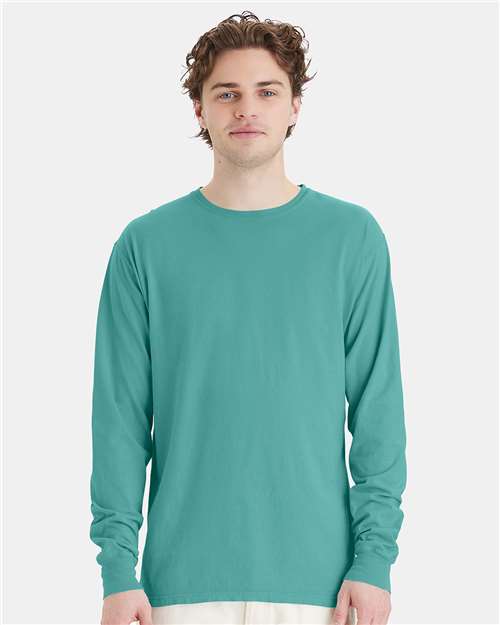 Hanes GDH200 Unisex Garment-Dyed Long Sleeve T-Shirt - Spanish Moss - model front