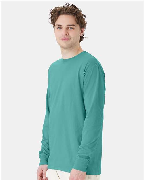 Hanes GDH200 Unisex Garment-Dyed Long Sleeve T-Shirt - Spanish Moss - model side