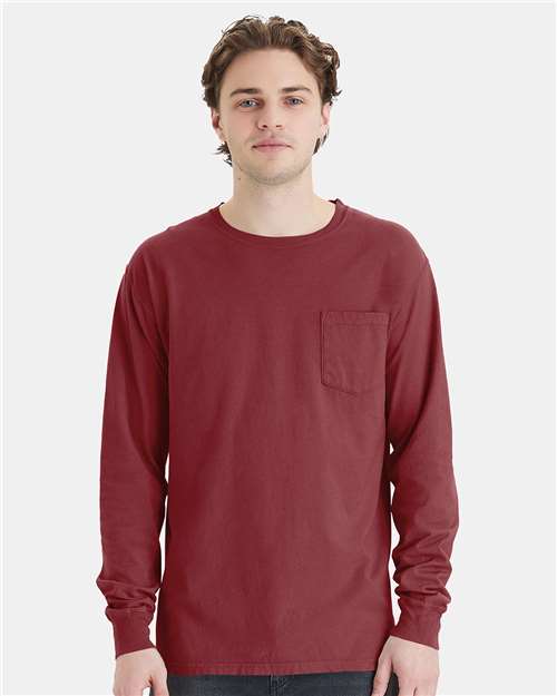 Hanes GDH250 Unisex Garment-Dyed Long Sleeve T-Shirt With a Pocket - Cayenne - model front