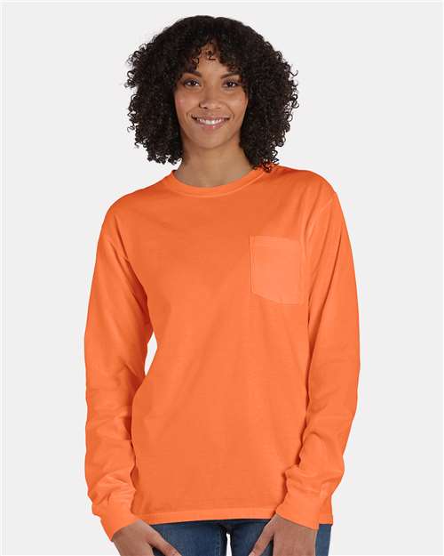 Hanes GDH250 Unisex Garment-Dyed Long Sleeve T-Shirt With a Pocket - Horizon Orange - model front
