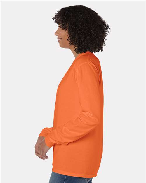 Hanes GDH250 Unisex Garment-Dyed Long Sleeve T-Shirt With a Pocket - Horizon Orange - model side