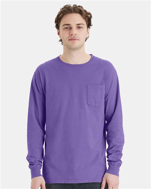Hanes GDH250 Unisex Garment-Dyed Long Sleeve T-Shirt With a Pocket - Lavender - model front