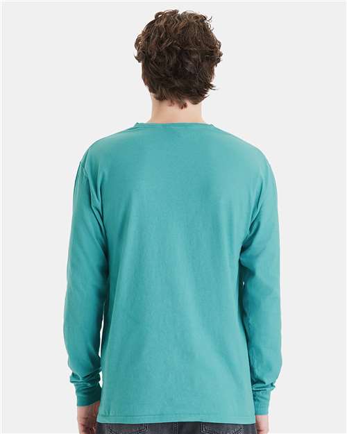 Hanes GDH250 Unisex Garment-Dyed Long Sleeve T-Shirt With a Pocket - Spanish Moss - model back