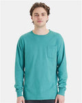 Hanes GDH250 Unisex Garment-Dyed Long Sleeve T-Shirt With a Pocket - Spanish Moss - model front