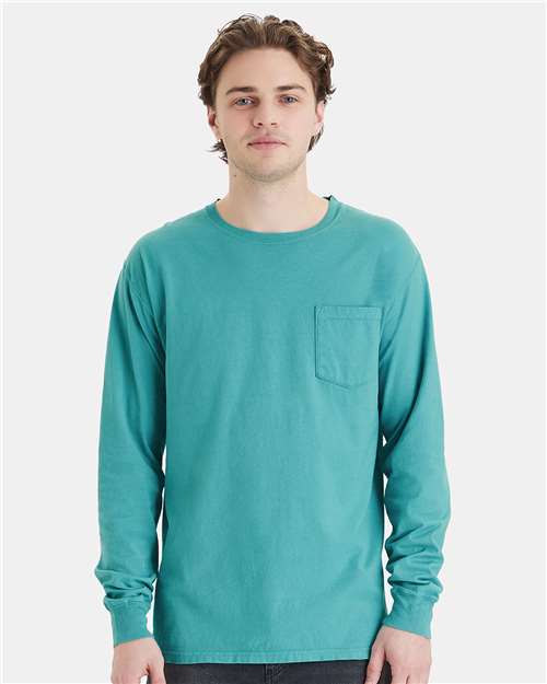 Hanes GDH250 Unisex Garment-Dyed Long Sleeve T-Shirt With a Pocket - Spanish Moss - model front