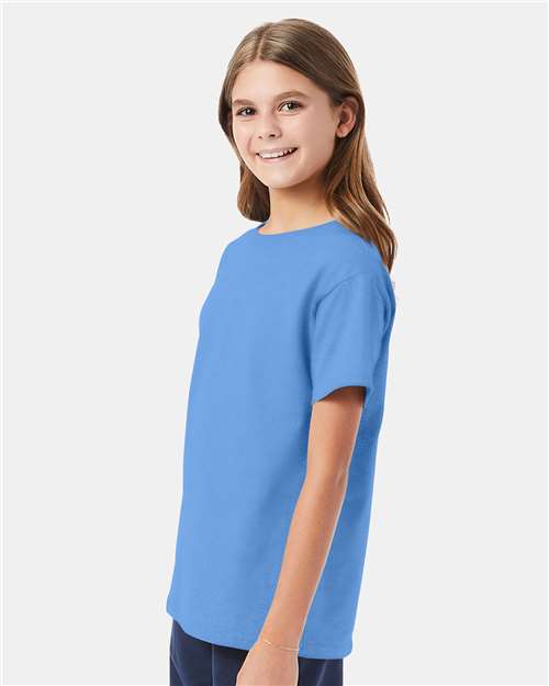 Hanes 5480 Youth Essential-T T-Shirt - Carolina Blue - model side