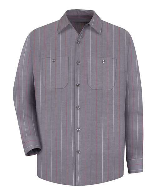 Red Kap SP14 Men's Industrial Long Sleeve Work Shirt - Charcoal/ Red/ White Stripe - front