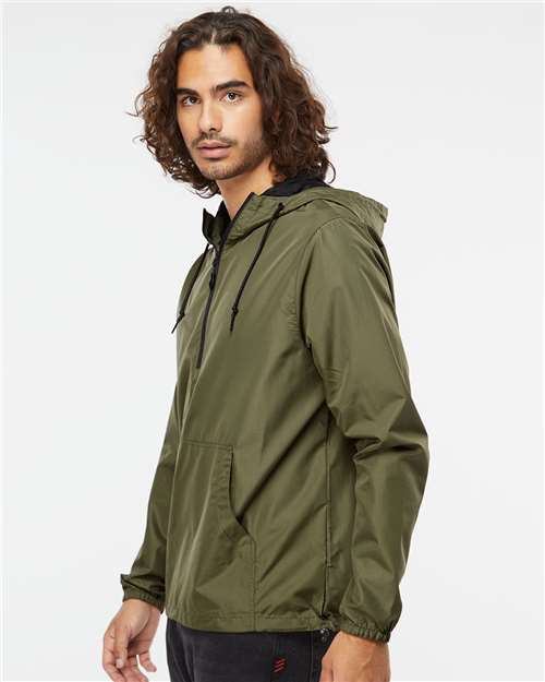 Independent Trading Co. EXP54LWP Unisex Lightweight Quarter-Zip Windbreaker Pullover Jacket - Army/ Black Zipper - model side