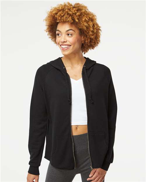 Independent Trading Co. PRM2500Z Women's California Wave Wash Full-Zip Hooded Sweatshirt - Black - model front