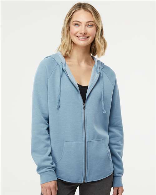 Independent Trading Co. PRM2500Z Women's California Wave Wash Full-Zip Hooded Sweatshirt - Misty Blue - model front