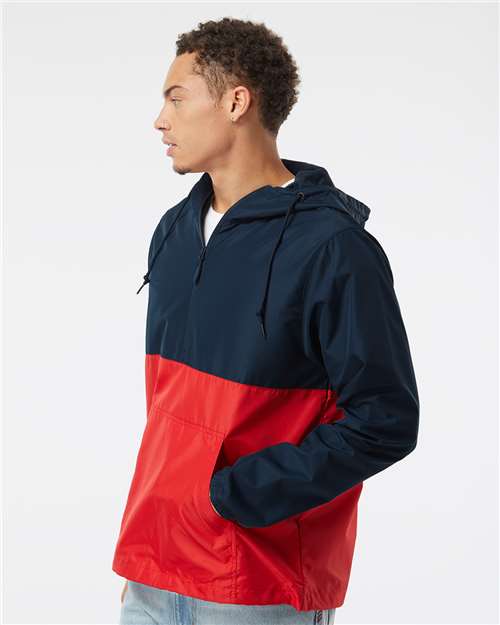 Independent Trading Co. EXP54LWP Unisex Lightweight Quarter-Zip Windbreaker Pullover Jacket - Classic Navy/ Red - model side