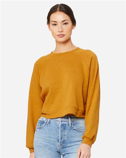 BELLA + CANVAS 7505 Women's Crop Raglan Crewneck Sweatshirt - Heather Mustard - model front
