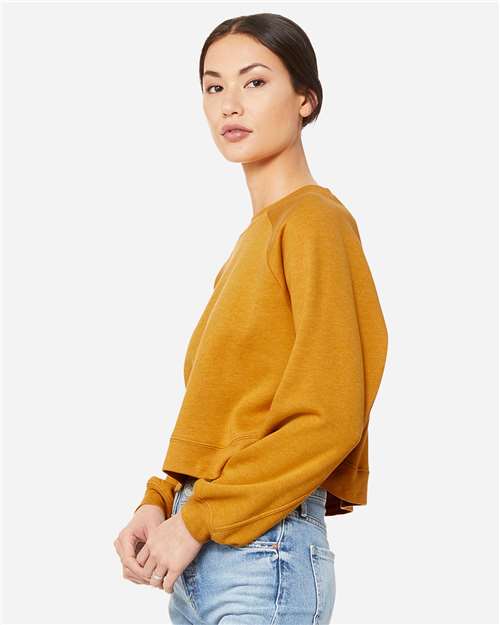 BELLA + CANVAS 7505 Women's Crop Raglan Crewneck Sweatshirt - Heather Mustard - model side