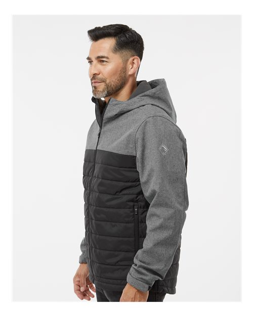 DRI DUCK 5324 Men's Pinnacle Soft Shell Puffer Jacket - Black Heather/ Black - model side