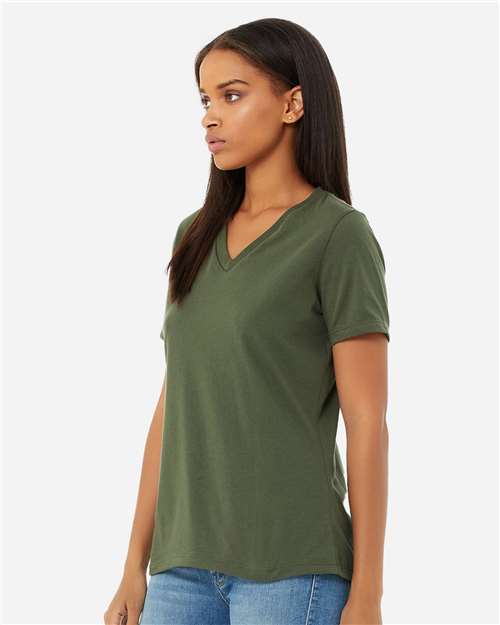 BELLA + CANVAS 6405 Women’s Relaxed Jersey V-Neck Tee - Military Green - model side