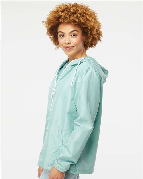 Independent Trading Co. EXP54LWZ Men's Lightweight Windbreaker Full-Zip Jacket - Aqua/ White Zipper - model side